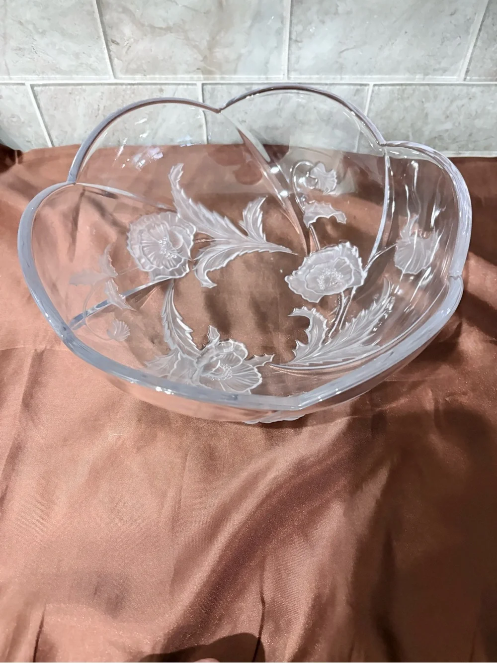 Vintage Savoir Vivre Japan Floral Poppy Frosted Crystal Glass Bowl